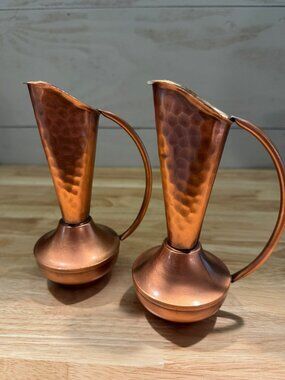 Vintage Gregorian Hammered Copper Mid Century Ewer Pitcher Bud Vase Set of 2